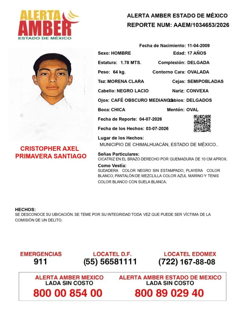 Alerta Amber: Se busca a Cristopher Axel Primavera Santiago, desapareció en Chimalhuacán