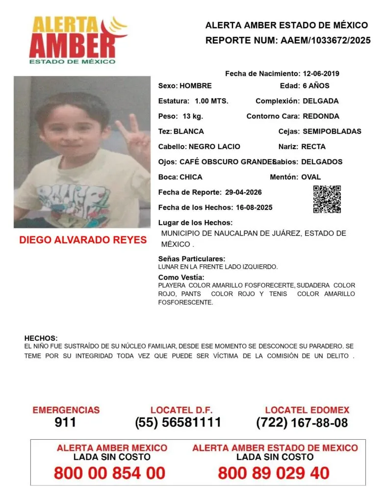 Alerta Amber: Se busca a Diego Alvarado Reyes; desapareció en Naucalpan
