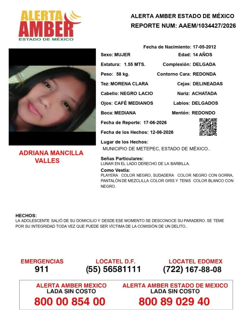 Alerta Amber: Se busca a Adriana Mancilla Valles, desapareció en Ecatepec