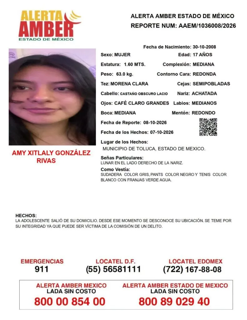 Alerta Amber: Se busca a Amy Xitlaly González Rivas, desaparecida en Toluca
