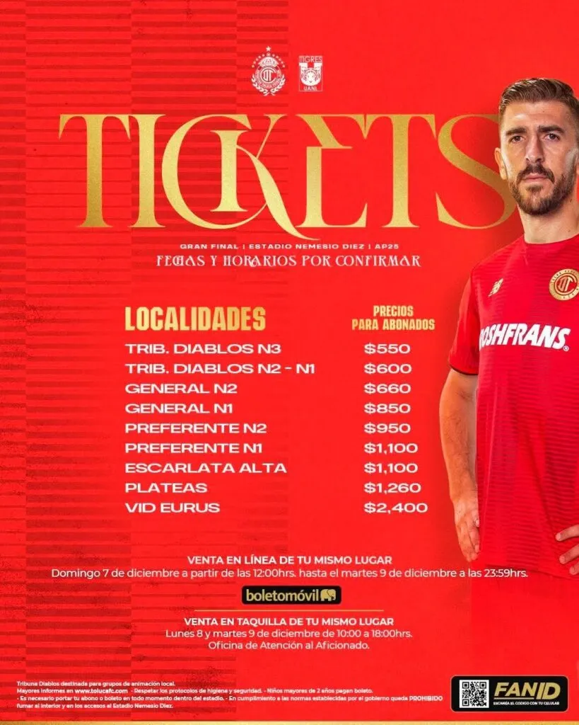 Toluca FC anuncia precios y venta de boletos para la Final  de la Liga MX contra Tigres