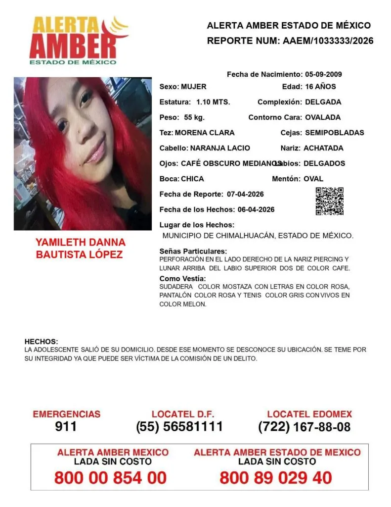 Alerta Amber: Se busca a Yamileth Danna Bautista López de 16 años, desapareció en Chimalhuacán