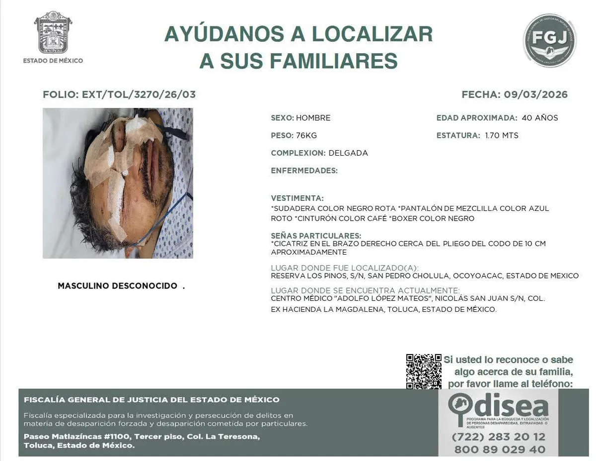 Buscan a familiares de hombre que ingresó a reserva de Ocoyoacac