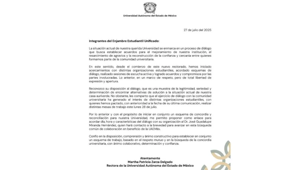 Rectora de la UAEMéx propone enlace con el EEU debido a reuniones agendadas