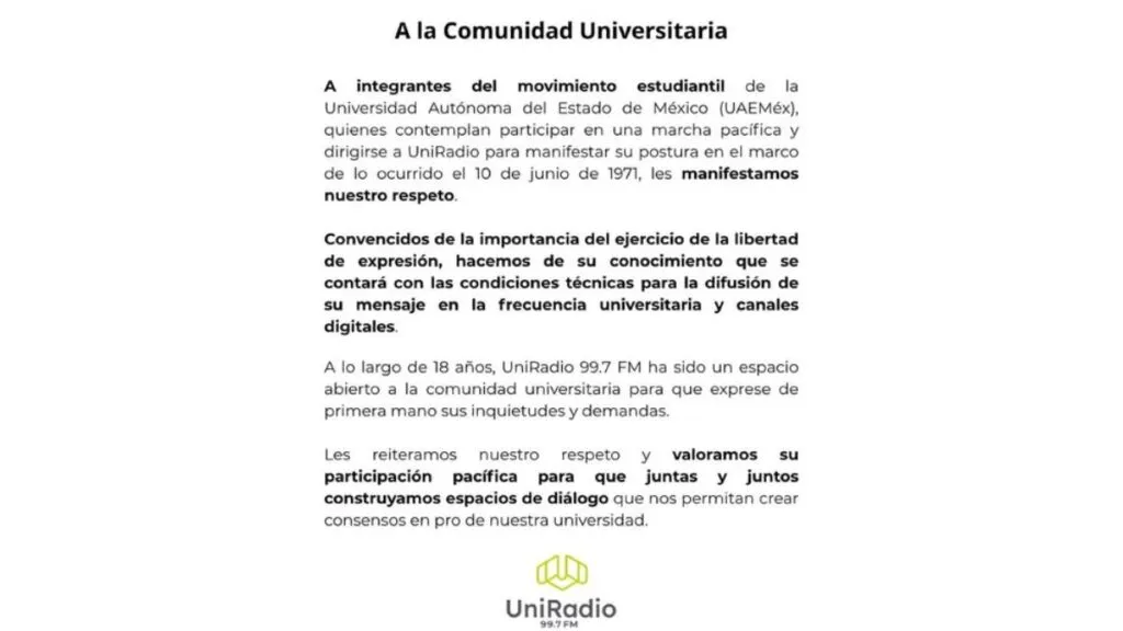 #Potrogate | UniRadio de la UAEMéx permitirá difusión de mensajes de los manifestantes