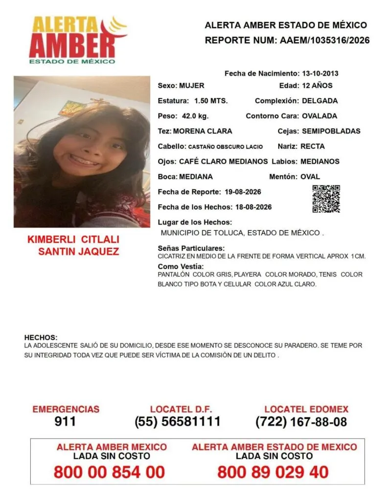 Alerta Amber: Se busca a Kimberli Citlali Santin Jaquez, desaparecida en Toluca