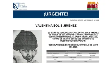 Ficha de búsqueda de Valentina Solís Jiménez, menor de 4 años desaparecida en Miguel Hidalgo.