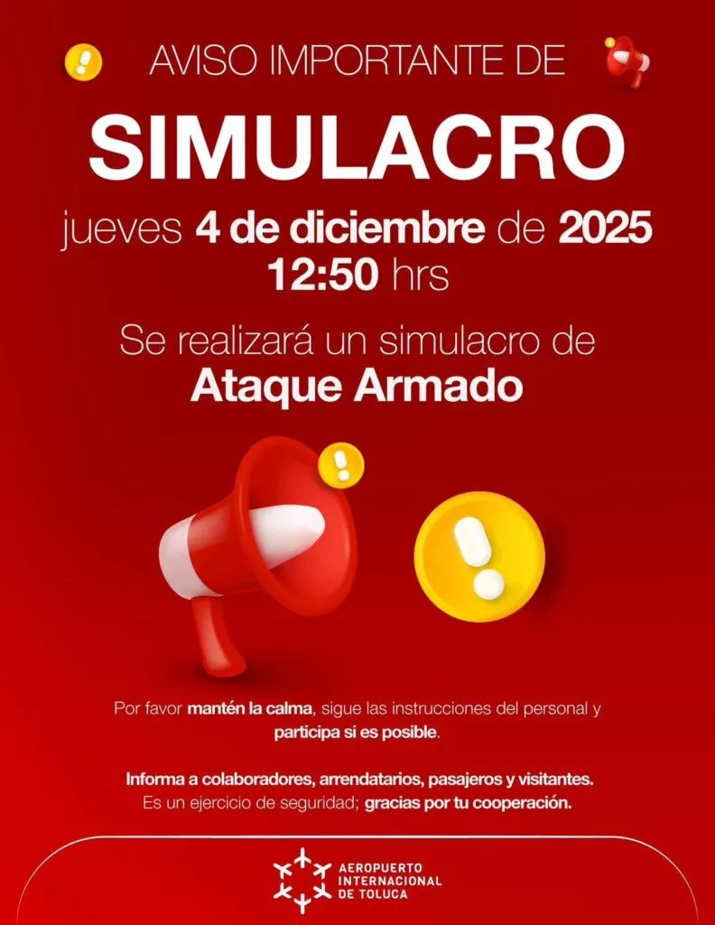 Simulacro de ataque armado en el Aeropuerto Internacional de Toluca se realizará este jueves