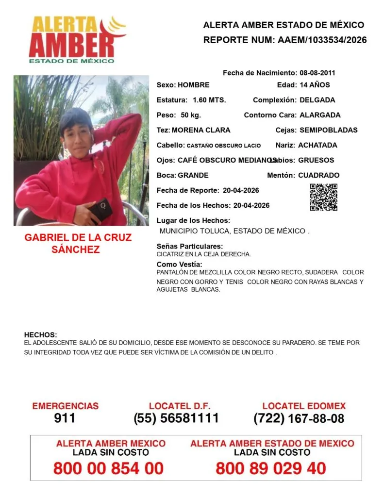 Alerta Amber: Se busca a Gabriel de la Cruz Sánchez, desaparecido en Toluca