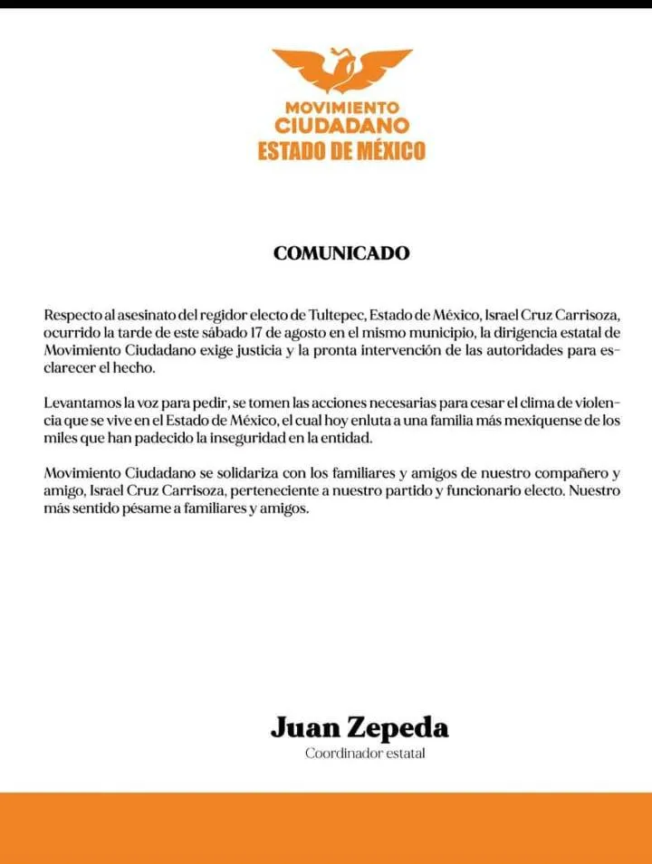 Asesinan a regidor electo de Tultepec; Movimiento Ciudadano exige que se aclare