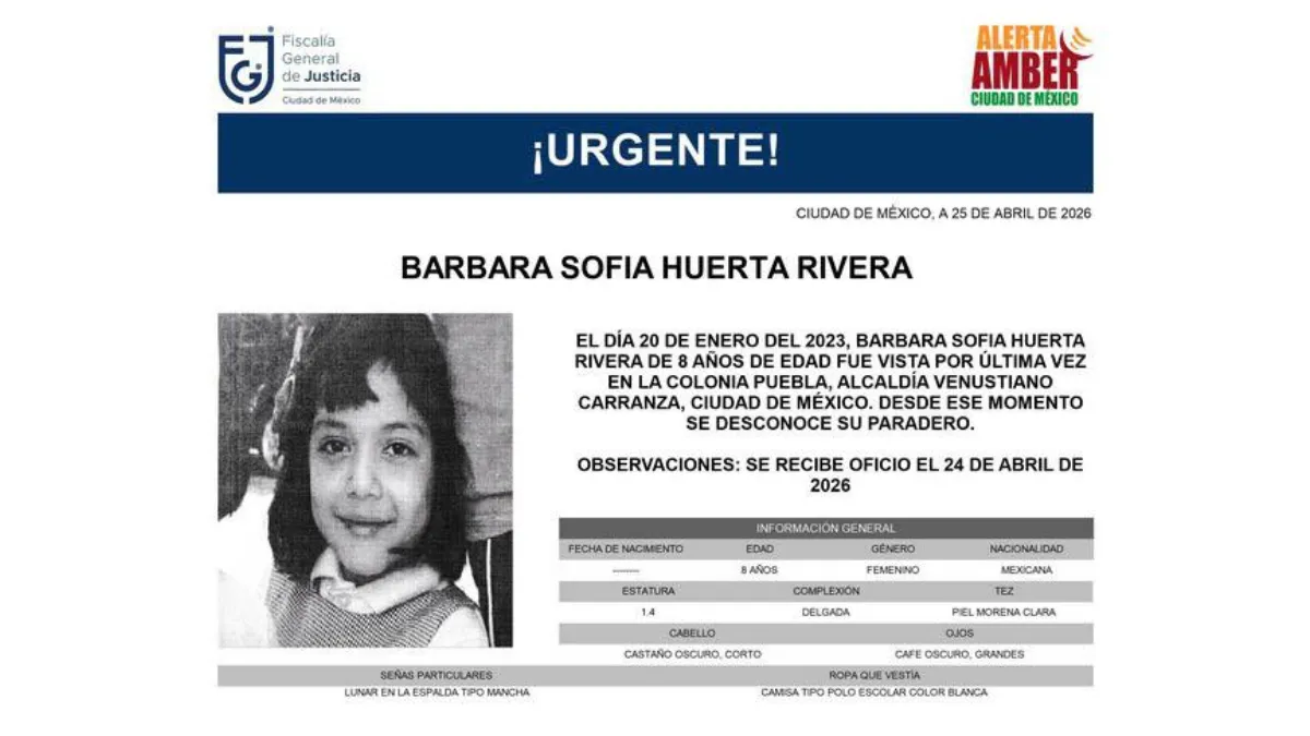 Alerta Amber: Se busca a Barbara Sofía Huerta Rivera de 8 años, desapareció en CDMX