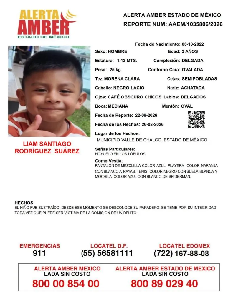 Alerta Amber: Se busca a Liam Santiago Rodríguez Suárez, desaparecido en Valle de Chalco