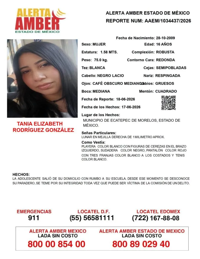 Alerta Amber: Se busca a Tania Elizabeth Rodríguez González, desaparecida en Ecatepec