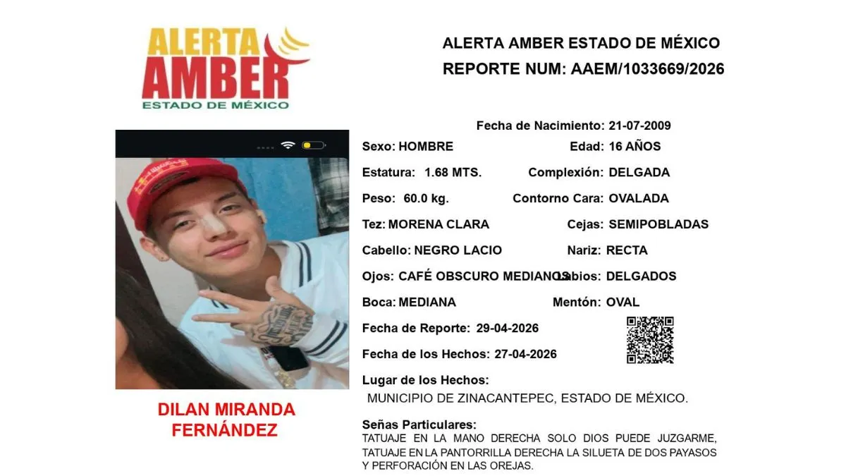 Alerta Amber: Se busca a Dilan Miranda Fernández, desapareció en Zinacantepec