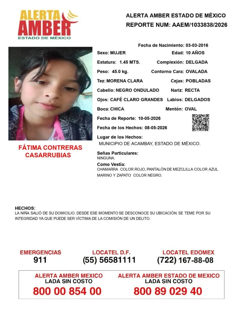 Alerta Amber: Se busca a Fátima Contreras Casarrubias, desaparecida en Acambay