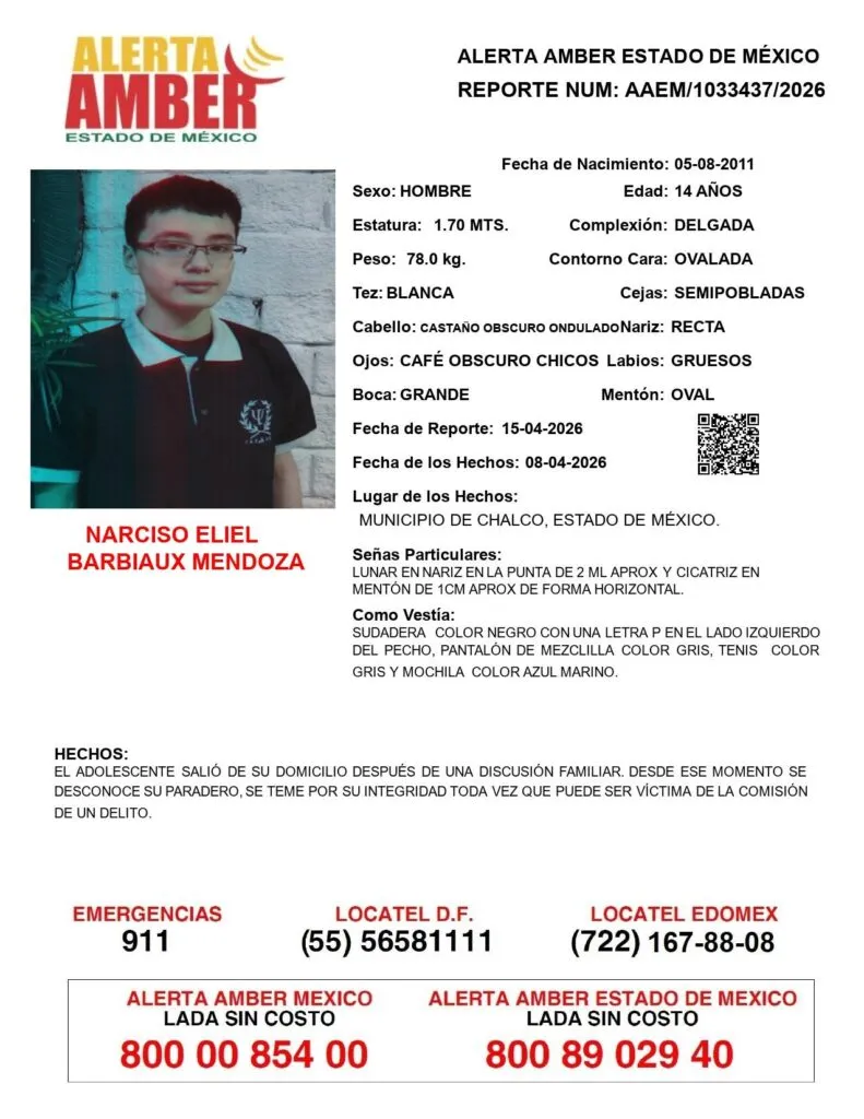 Alerta Amber: Se busca a Narciso Eliel Barbiaux Mendoza