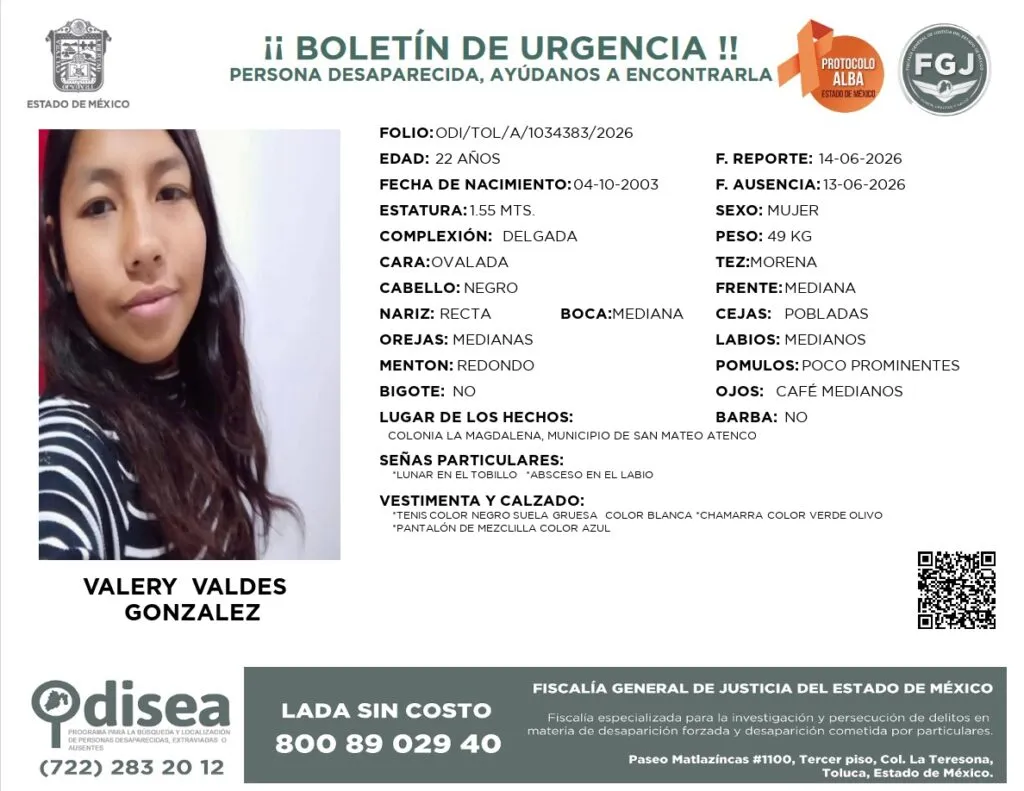 Alerta Odisea: Se busca a Valery Valdés González; desapareció en San Mateo Atenco