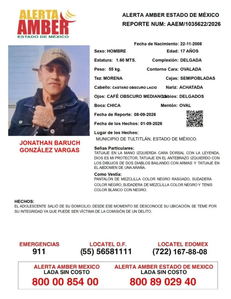 Alerta Amber: Se busca a Jonathan Baruch González Vargas, desaparecido en Tultitlán