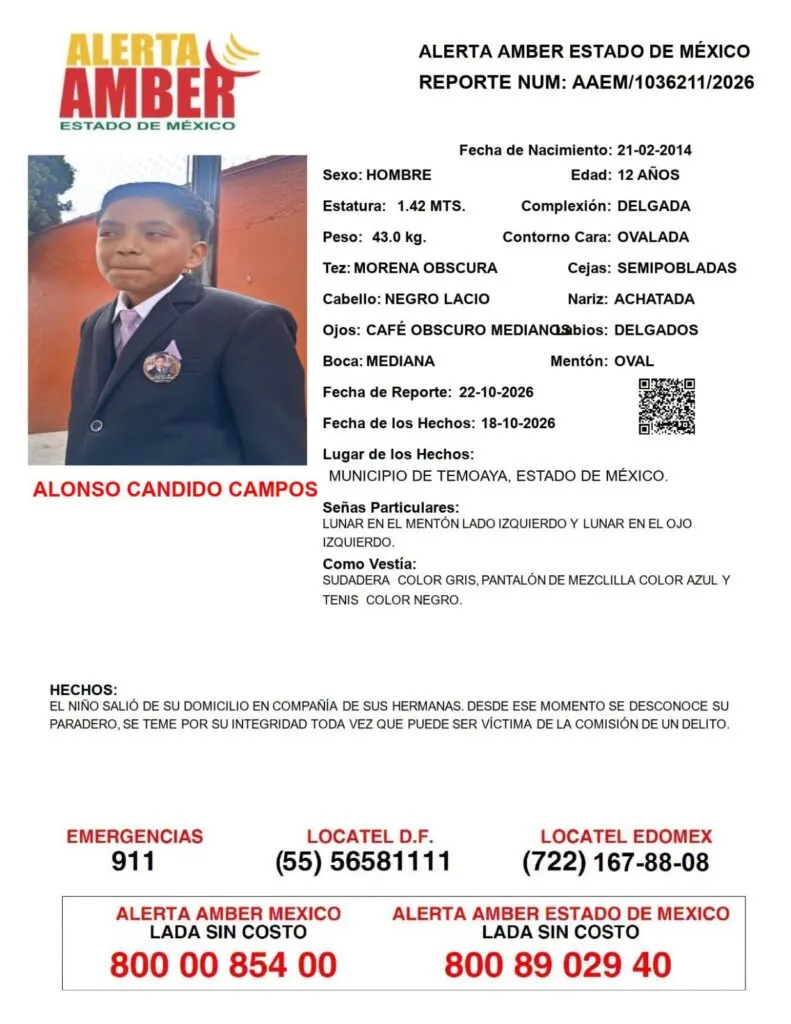 Alerta Amber: Se busca a Alonso Candido Campos, desapareció en Temoaya