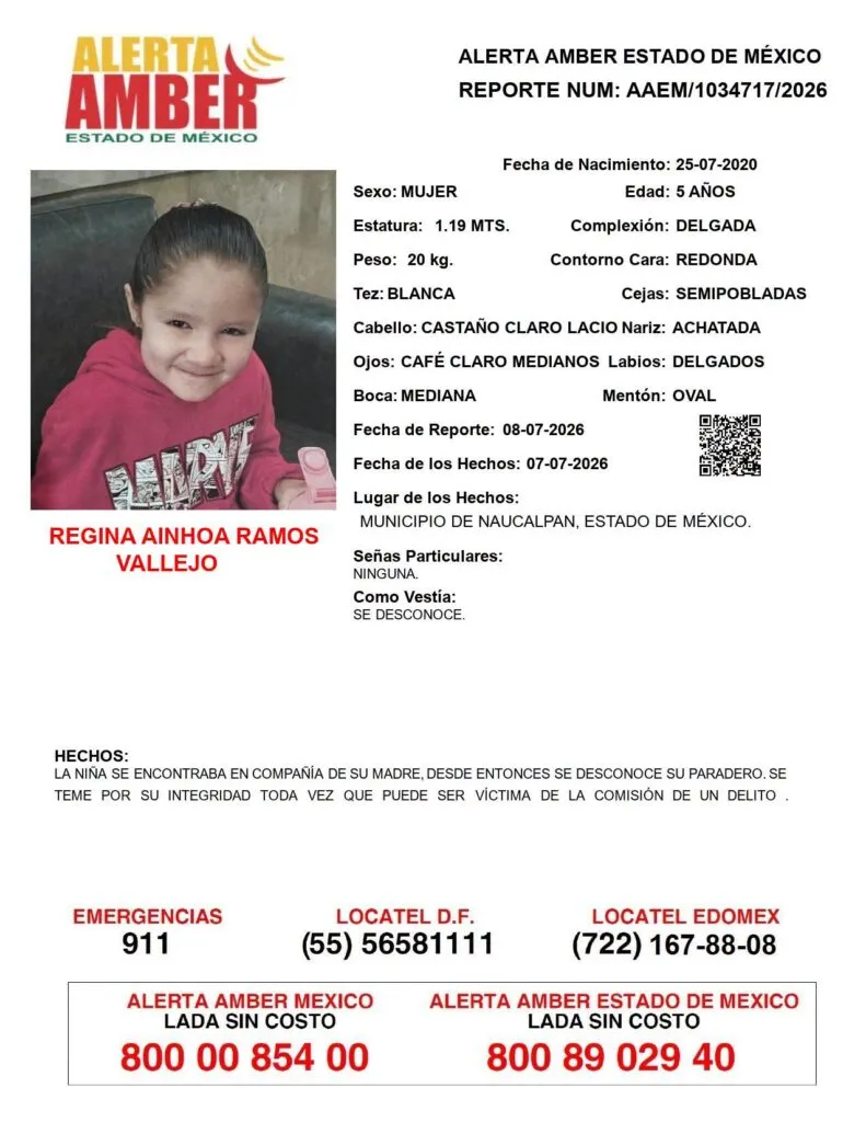 Alerta Amber: Se busca a Regina Ainhoa Ramos Vallejo, desaparecida en Naucalpan