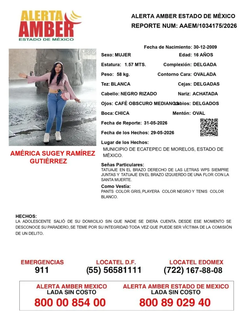 Alerta Amber: Se busca a América Sugey Ramírez Gutiérrez, desaparecida en Ecatepec