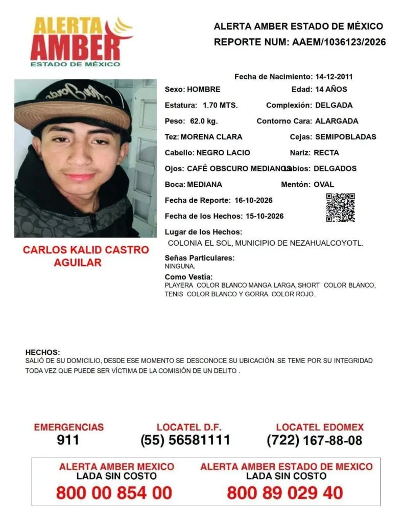 Alerta Amber: Se busca a Carlos Kalid Castro Aguilar, desapareció en Nezahualcóyotl