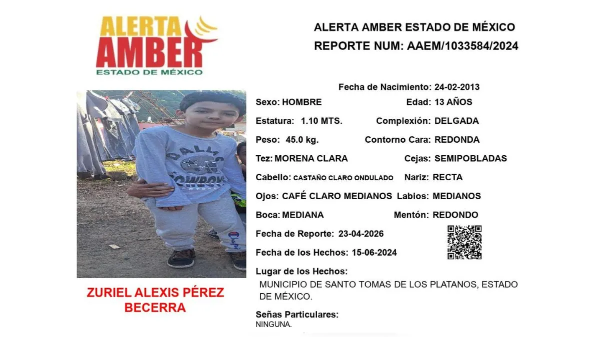 Alerta Amber: Se busca a Zuriel Alexis Pérez Becerra, desapareció en Santo Tomás de los Plátanos