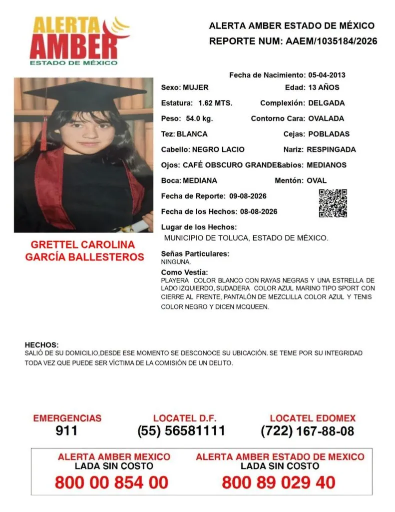Alerta Amber: Se busca a Grettel Carolina García Ballesteros, desaparecida en Toluca