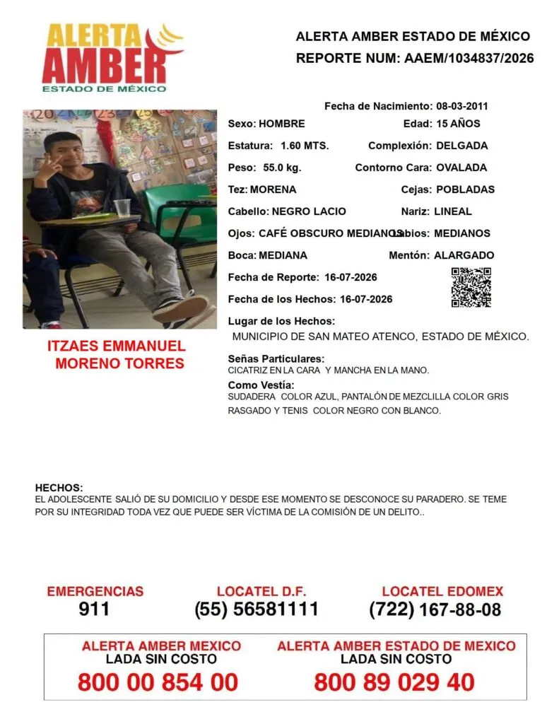 Alerta Amber: Se busca a Itzaes Emmanuel Moreno Torres, desapareció en San Mateo Atenco