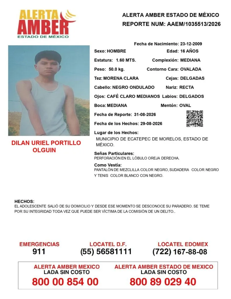 Alerta Amber: Se busca a Dilan Uriel Portillo Olguin; desapareció en Ecatepec