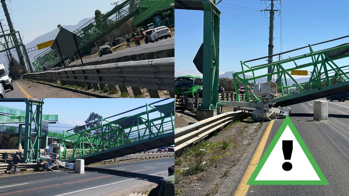Colapsa puente en Hidalgo luego de que una grúa lo impactara en la “Bajada de la Muerte”. No hay lesionados, pero hay cierre vial y videos del momento.