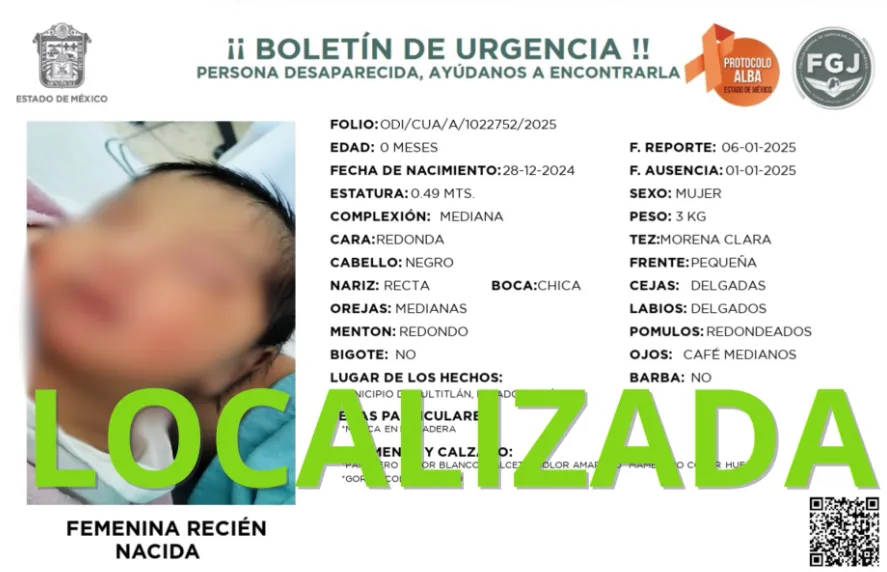 Tultitlán: Localizan a recién nacida reportada como desaparecida