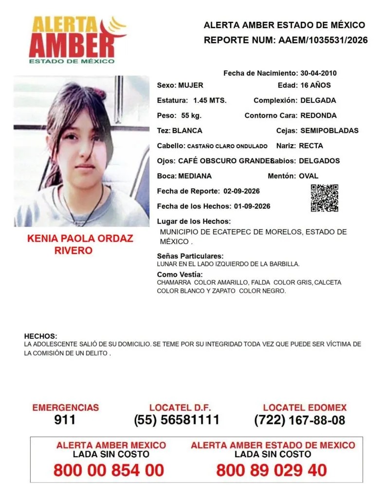 Alerta Amber: Se busca a Kenia Paola Ordaz Rivero, desaparecida en Ecatepec