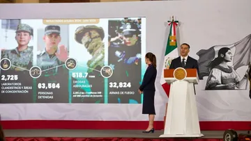 Omar García Harfuch durante una conferencia en la que informó sobre operativos contra grupos delictivos en Michoacán.