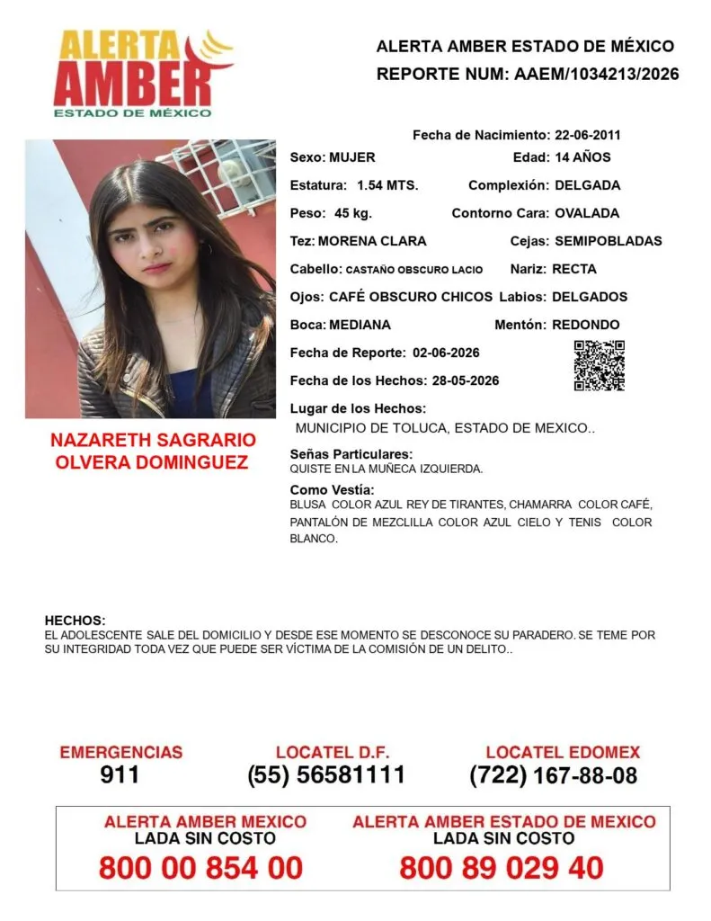 Alerta Amber: Se busca a Nazareth Sagrario Olvera Domínguez, desaparecida en el municipio de Toluca