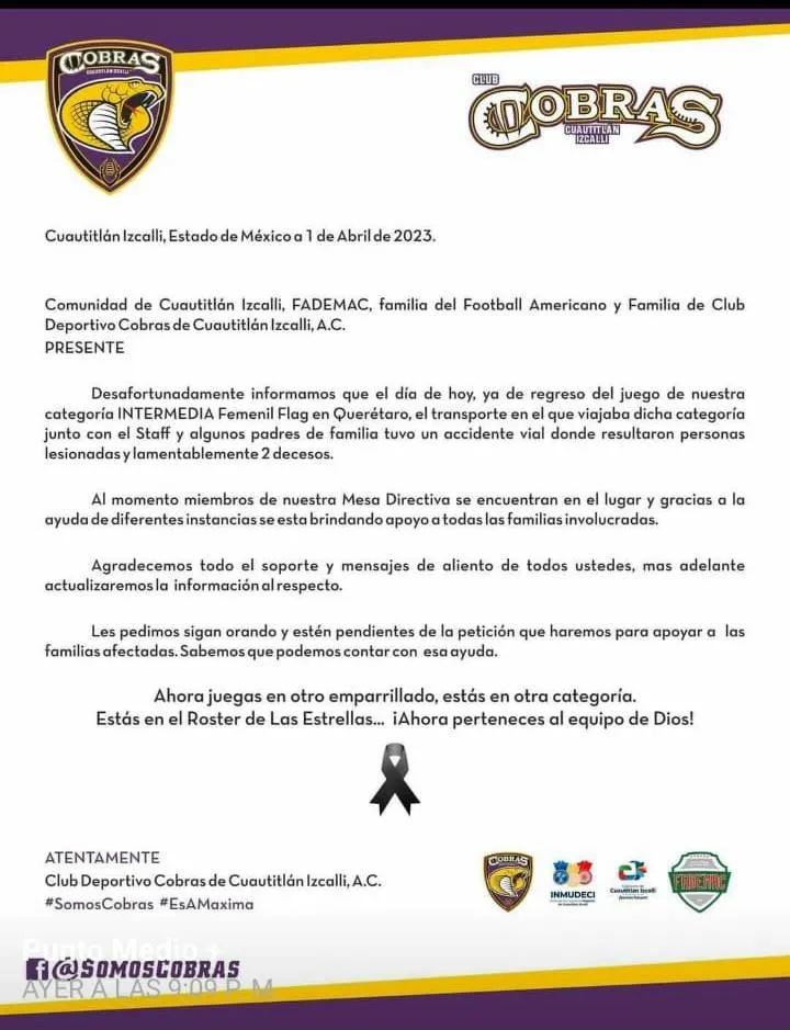 Dos muertos y dos lesionados dejó accidente del equipo Cobras de Fútbol Americano