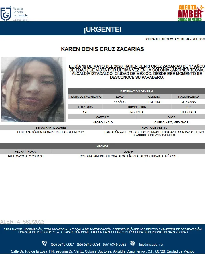 Alerta Amber: Se busca a Karen Denis Cruz Zacarias de 17 años, desapareció en CDMX