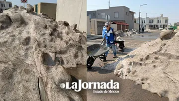 Montañas de granizo permanecen en Tecámac tras tormenta; brigadas realizan limpieza
