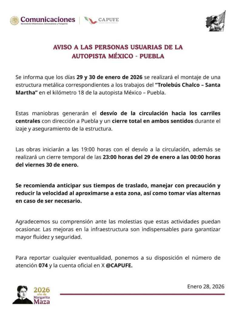 ¡Atención! Habrá desvíos y cierres en la México-Puebla por obras del Trolebús Chalco-Santa Martha