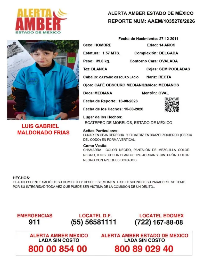 Alerta Amber: Se busca a Luis Gabriel Maldonado Frías, desaparecido en Ecatepec