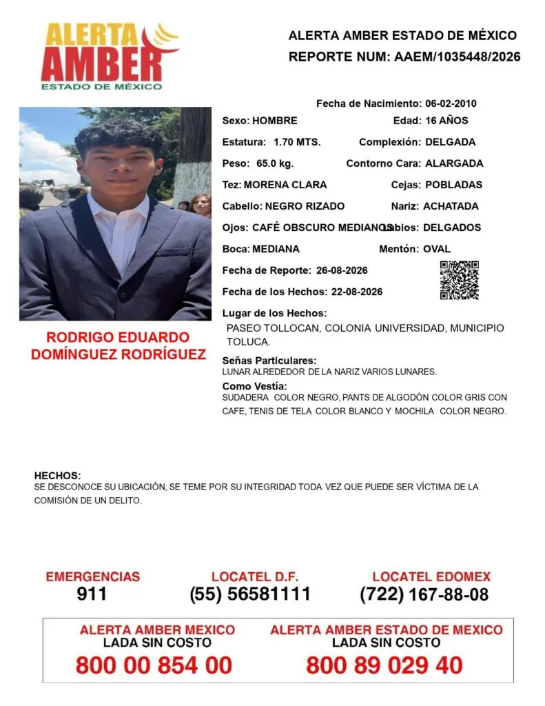 Alerta Amber: Se busca a Rodrigo Eduardo Domínguez Rodríguez; desapareció en Toluca