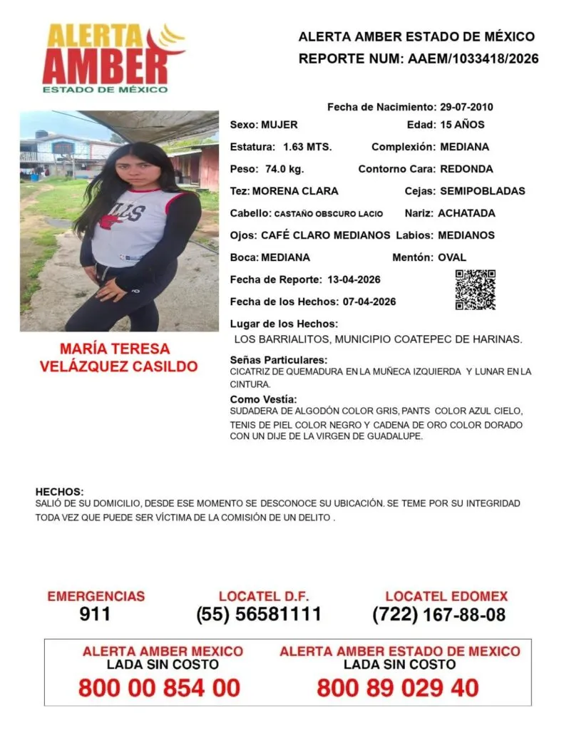 Alerta Amber: Se busca a María Teresa Velázquez Casildo, desaparecida en Coatepec de Harinas