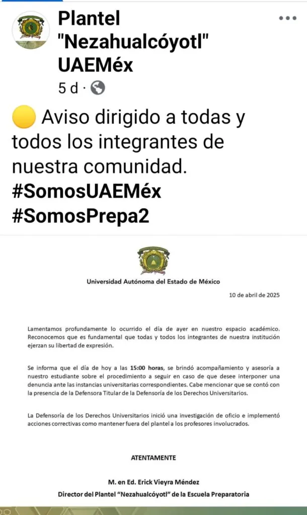 Autoridades de prepa 2  UAEMéx modifican comunicado de incidente con alumno
