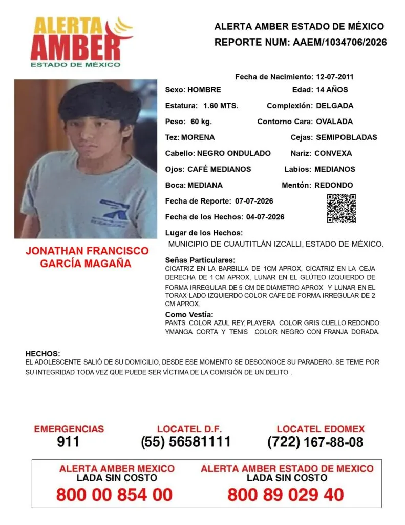 Alerta Amber: Se busca a Jonathan Francisco García Magaña de 14 años