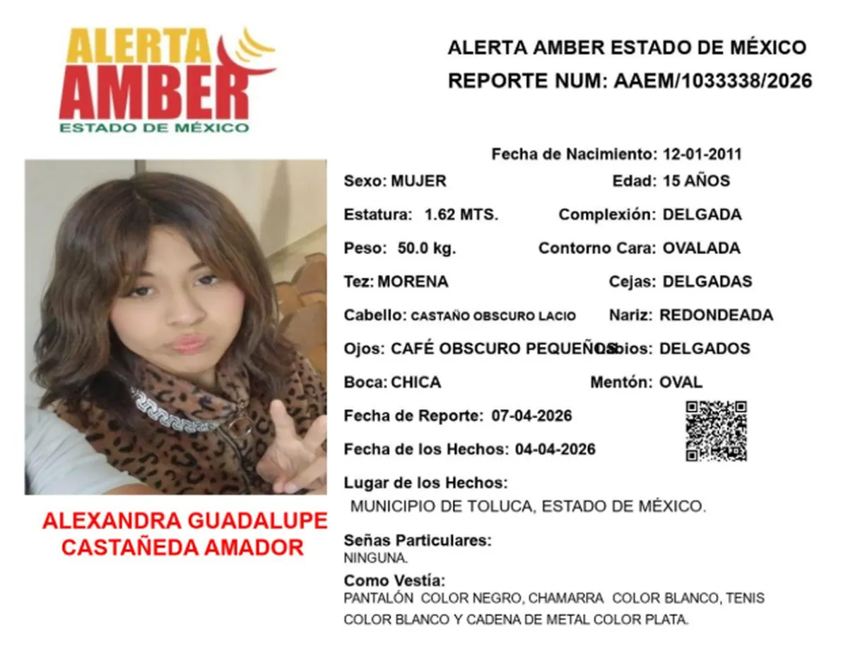 Alerta Amber: Buscan a Alexandra Guadalupe Castañeda Amador, desaparecida en Toluca