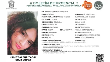 Ficha de búsqueda Odisea de Hamitzai Zurizadai Cruz López, desaparecida en Nezahualcóyotl.