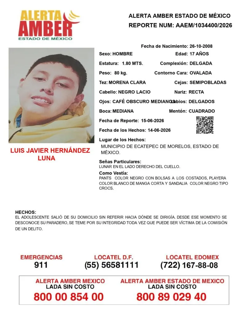 Alerta Amber: Se busca a Luis Javier Hernández Luna, desapareció en Ecatepec