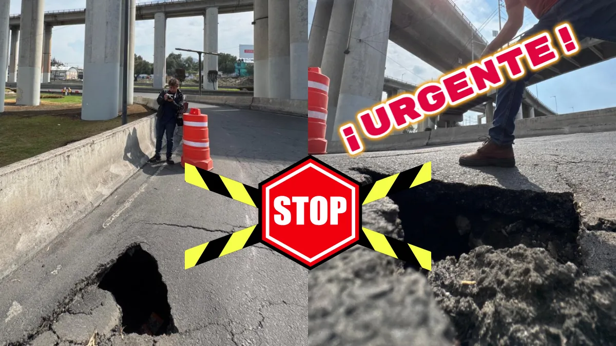 Socavón en Puente de La Concordia, Iztapalapa, pone en riesgo a automovilistas que circulan por la zona.