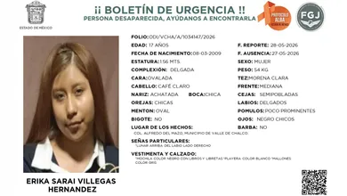 Boletín de urgencia emitido por la FGJEM bajo el Protocolo Alba para localizar a Erika Sarai Villegas Hernández, desaparecida en Valle de Chalco.