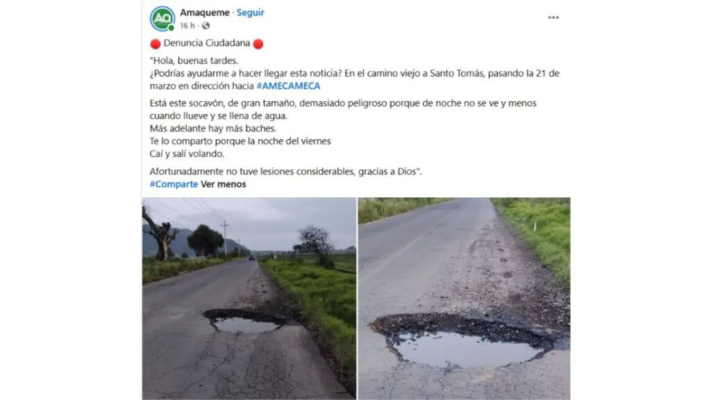 Socavón se abre en Amecameca; vecinos señalan peligro vial